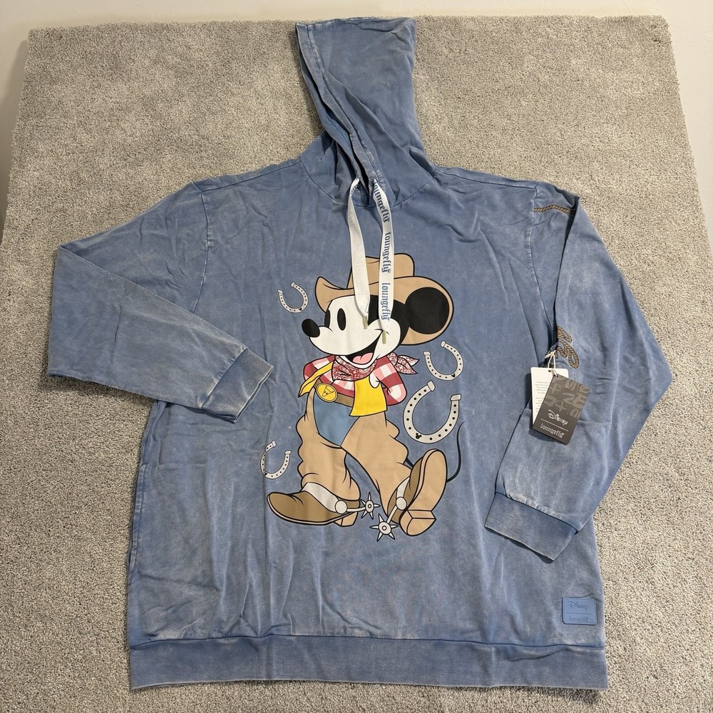 Loungefly Disney Western Mickey Mouse Unisex‎ Hoodie XXL Blue Cowboy Sweatshirt
